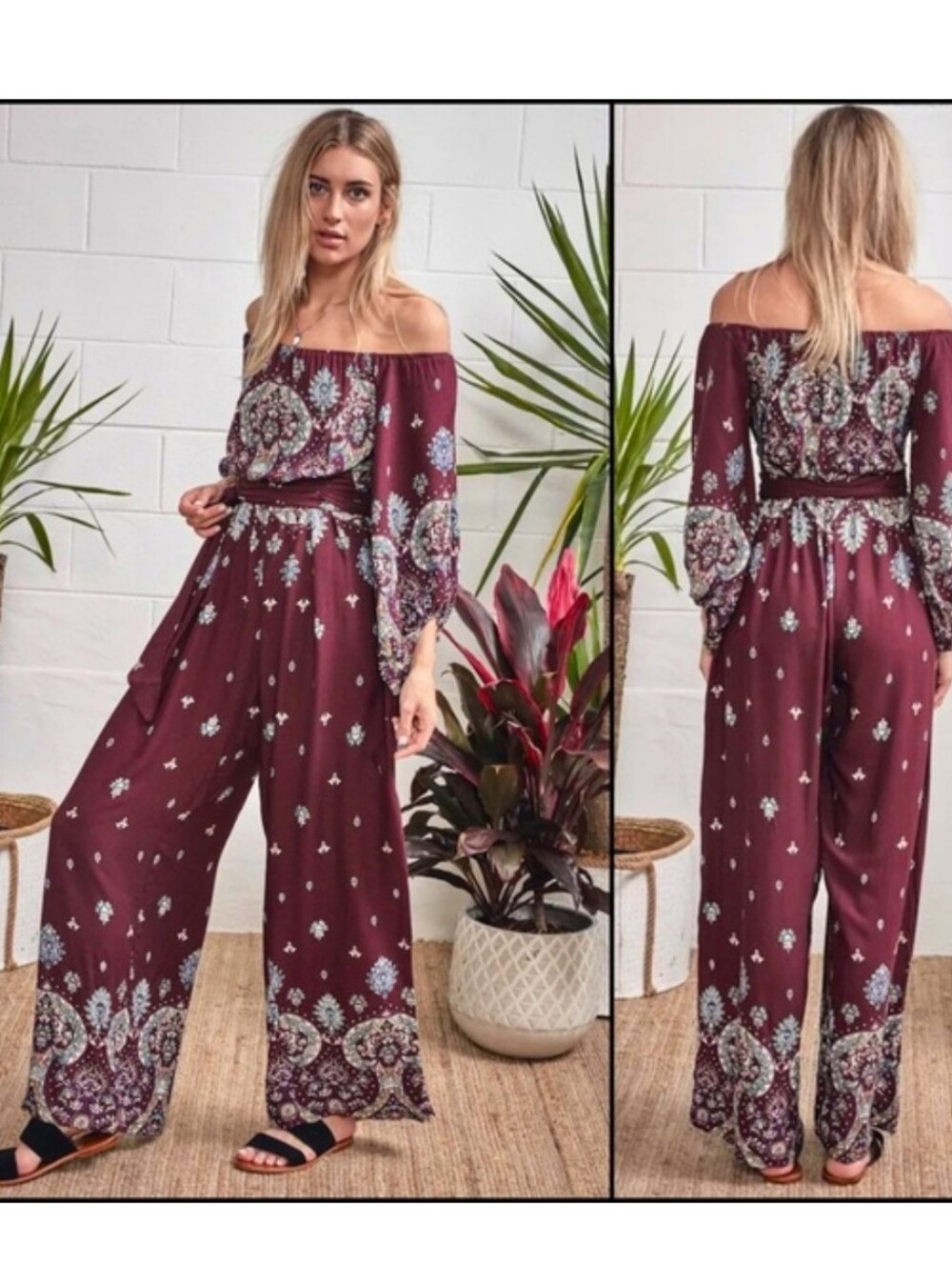 Jaase maroon boho floral off the shoulder wideleg jumpsuit playsuit romper sz M